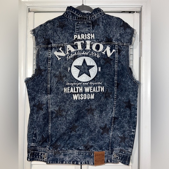 Rare Parish Nation Denim Vest Jean Jacket with Star Pattern - Picture 1 of 13